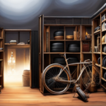 An image depicting a dimly lit storage room, with shelves lined with dusty, weathered bicycle tires