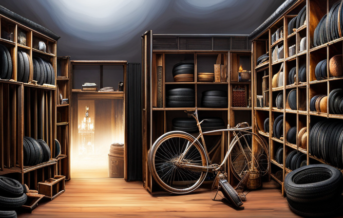 An image depicting a dimly lit storage room, with shelves lined with dusty, weathered bicycle tires
