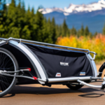 An image capturing the essence of durability: a weathered Burley bike trailer, still in pristine condition after years of outdoor adventures, standing tall against a breathtaking backdrop of majestic mountains and winding trails