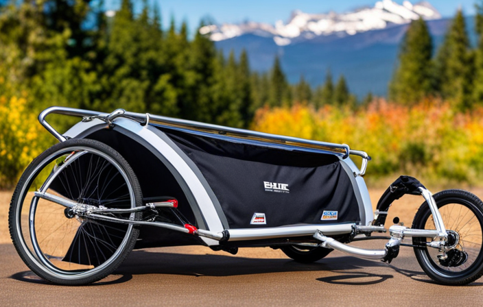 An image capturing the essence of durability: a weathered Burley bike trailer, still in pristine condition after years of outdoor adventures, standing tall against a breathtaking backdrop of majestic mountains and winding trails