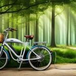 An image showcasing a well-worn electric bike parked beside a charging station, with a clock showing the passage of time, while a vibrant green forest stretches endlessly in the background