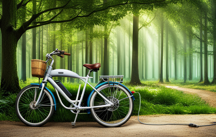An image showcasing a well-worn electric bike parked beside a charging station, with a clock showing the passage of time, while a vibrant green forest stretches endlessly in the background