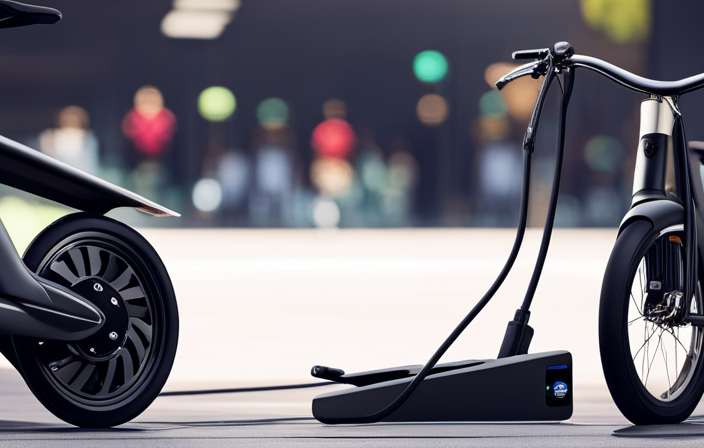 An image showcasing a sleek electric bike parked next to a charging station, with a battery life indicator displaying a full charge