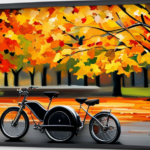 An image showcasing a sleek electric bike gliding through a scenic landscape with vibrant autumn foliage, capturing the essence of a battery's endurance as it powers the rider's journey