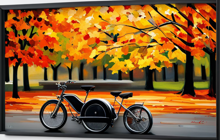 An image showcasing a sleek electric bike gliding through a scenic landscape with vibrant autumn foliage, capturing the essence of a battery's endurance as it powers the rider's journey