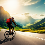 An image showcasing a person riding an electric bike uphill on a scenic mountain road, with the battery indicator prominently displayed on the handlebar, indicating a full charge