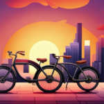 An image showcasing an electric bike parked against a vibrant city backdrop at sunset