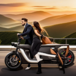 An image that showcases a sleek electric bike parked against a vibrant backdrop with a battery gauge prominently displayed, indicating a full charge