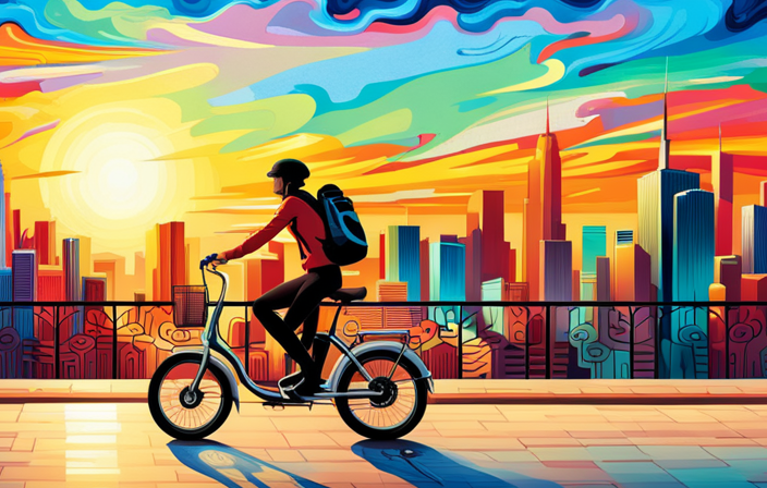 An image showcasing an electric bike gracefully maneuvering through a vibrant cityscape, with a clear blue sky and a trail of sparkling energy particles following its path, symbolizing the lasting power and longevity of electric bikes