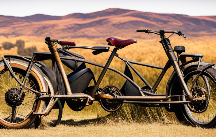 An image showcasing a well-worn, weathered homemade electric bike parked in front of a picturesque landscape