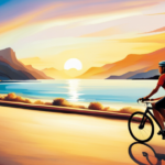 An image capturing a cyclist cruising along a scenic coastal road on an electric bike, with the sun setting in the background