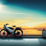 An image showcasing an electric bike parked next to a charging station, with the battery gauge displaying full charge