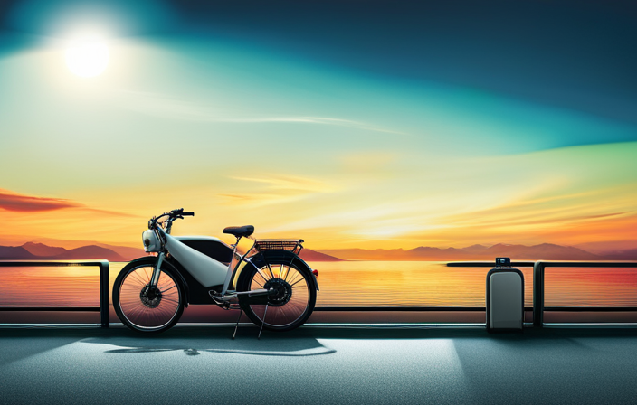 An image showcasing an electric bike parked next to a charging station, with the battery gauge displaying full charge