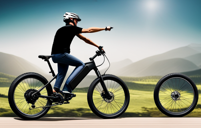 An image that showcases an electric bike rider cruising along a scenic mountain trail, with the bike's battery gauge prominently displayed, indicating a full charge, emphasizing the longevity and durability of electric bikes
