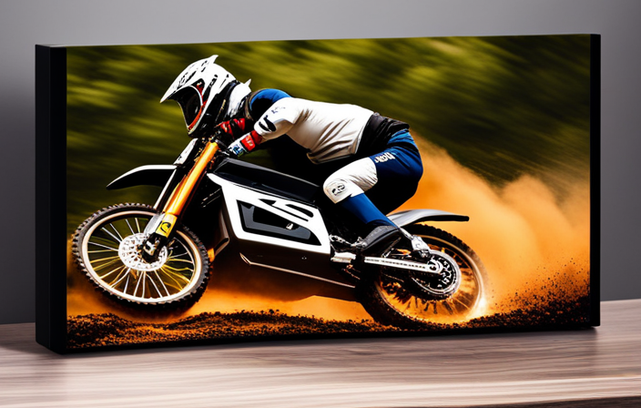 An image showcasing an electric dirt bike rider effortlessly maneuvering through rugged terrain, with the battery indicator prominently displayed