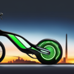 An image showcasing an electric bike parked next to a charging station, with a fully charged battery indicator glowing green
