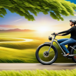 An image that showcases an electric bike gliding through picturesque scenery, with a rider effortlessly cruising along a winding road, surrounded by lush greenery, under a radiant sky, capturing the essence of the remarkable battery longevity