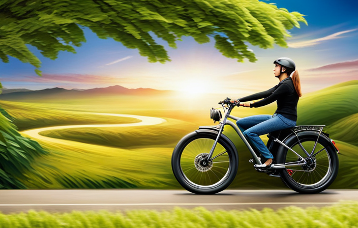 An image that showcases an electric bike gliding through picturesque scenery, with a rider effortlessly cruising along a winding road, surrounded by lush greenery, under a radiant sky, capturing the essence of the remarkable battery longevity