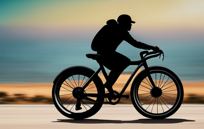 An image showcasing a cyclist effortlessly cruising along a scenic coastal road on an electric bike, with the battery gauge prominently displayed, indicating a full charge, emphasizing the impressive longevity of electric bike batteries