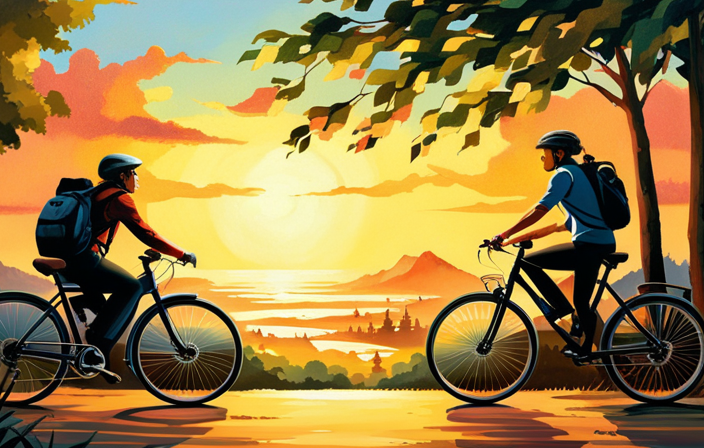 An image showcasing an electric bike rider effortlessly cruising along a scenic mountain trail, with the vibrant sun casting a warm glow upon the lush surroundings, emphasizing the long-lasting battery power that propels the journey