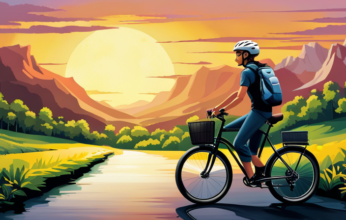 An image showcasing an electric bike gliding through a picturesque landscape, with a rider effortlessly pedaling uphill, surrounded by lush greenery, as the sun sets in the distance