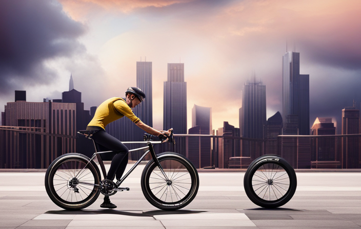 An image featuring a cyclist standing beside a sleek, metallic road bike