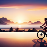 An image showcasing a cyclist riding an electric bike along a picturesque coastal road during sunrise, with mountains in the background and a city skyline visible at a distance