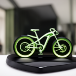 An image showcasing an electric bike connected to a charger, with a full battery indicator glowing green