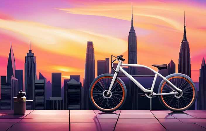An image of a sleek electric bike parked near a charging station, surrounded by a vibrant sunset sky
