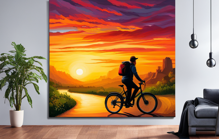 An image showcasing a vibrant sunset backdrop, with a cyclist effortlessly gliding on an electric bike along a scenic path, capturing the thrill and efficiency of covering 10 miles in record time