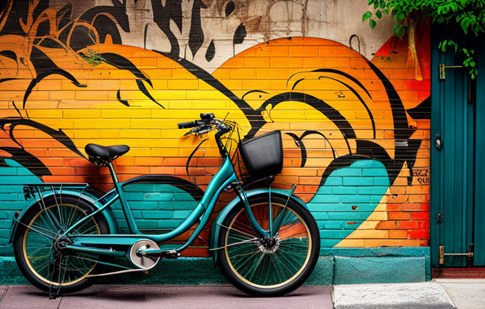 An image that depicts an electric bike parked beside a wall covered in weathered graffiti, showcasing its longevity