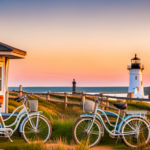 An image showcasing the picturesque landscape of Martha's Vineyard, Massachusetts, with a group of electric bikes parked near a charming lighthouse, capturing the essence of exploring the island's hidden treasures