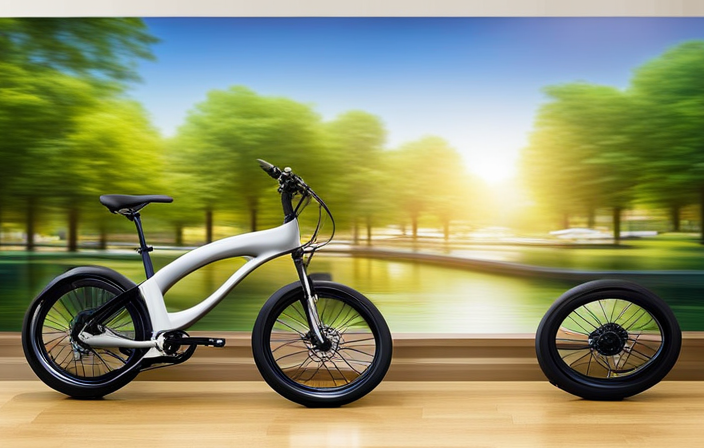 An image showcasing an electric bike whizzing past a serene park, capturing the electrifying motion with a blurred background, while emphasizing the bike's silent operation through the absence of sound waves