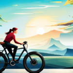 An image showcasing a person riding an electric bike, surrounded by vibrant scenery, with a digital calorie tracker display on the handlebars, capturing the essence of burning calories while enjoying a scenic ride