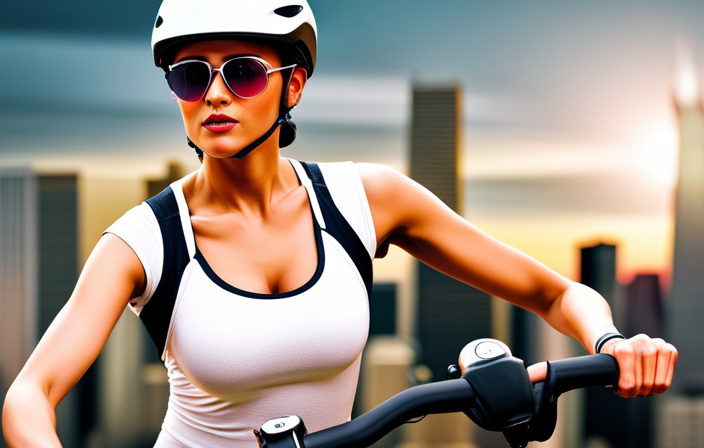 An image showcasing a person riding an electric bike uphill, her face flushed with exertion, sweat glistening on her forehead, as the digital display on the bike's handlebars shows the calories burned steadily increasing