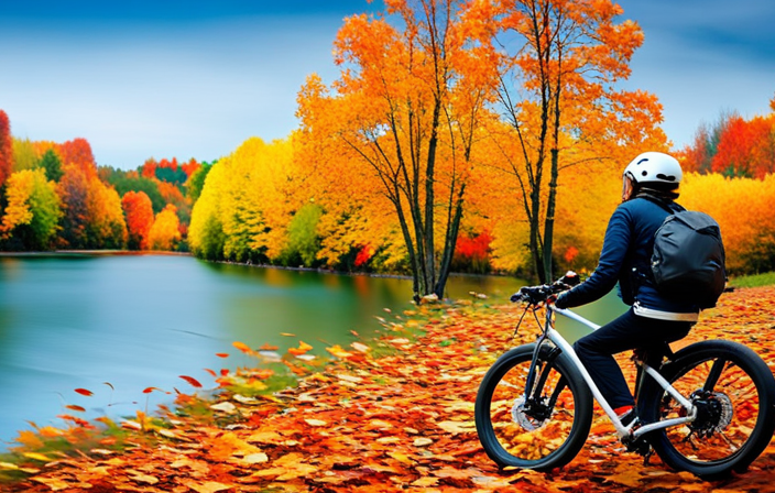 An image capturing the perspective of a person gliding effortlessly on an electric bike along a scenic trail, with vibrant autumn leaves falling in the background, showcasing the calorie-burning potential of this eco-friendly mode of transportation