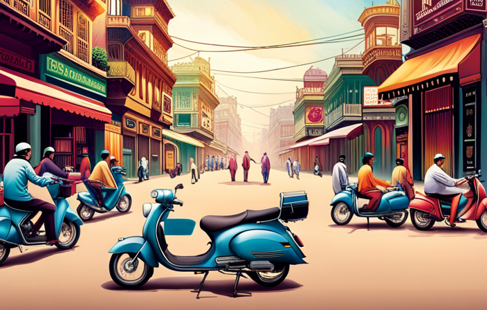 An image showcasing a bustling street in India, adorned with vibrant electric bikes parked in front of various shops