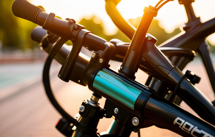 An image that depicts a close-up shot of an electric bike's battery being plugged into a charging station, with a charging indicator displaying a full battery icon, surrounded by a serene backdrop of a sunlit park