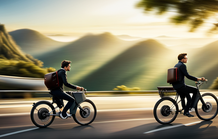 An image featuring a sleek, modern electric bike zooming along a scenic countryside road, effortlessly propelled by its powerful motor