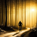 An image showcasing a cyclist riding through a dimly lit forest trail at night, with a powerful bicycle light illuminating the path ahead, highlighting intricate tree branches, casting shadows, and enhancing visibility
