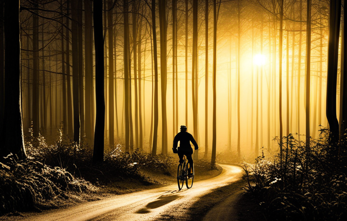 An image showcasing a cyclist riding through a dimly lit forest trail at night, with a powerful bicycle light illuminating the path ahead, highlighting intricate tree branches, casting shadows, and enhancing visibility