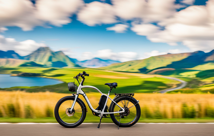 An image showcasing an electric bike effortlessly cruising along a scenic coastal road, with a lush green landscape and picturesque mountains in the backdrop, symbolizing the limitless possibilities and adventure of electric bike travel
