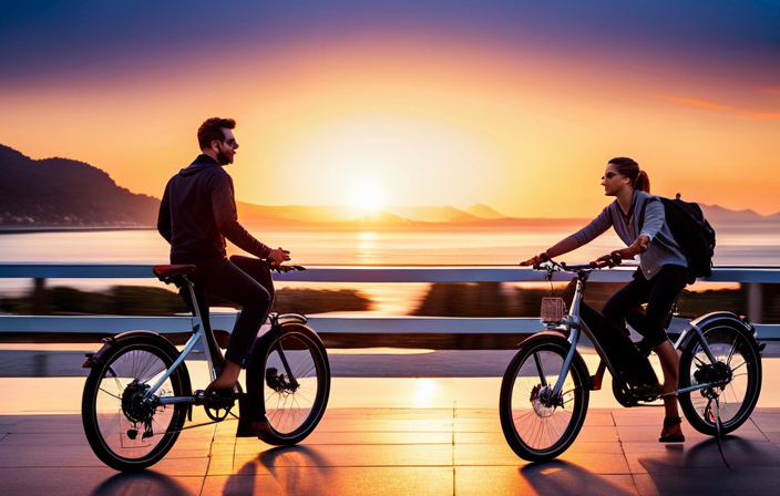 An image of a sleek electric bike effortlessly gliding along a scenic coastal road, with the sun setting in the background, showcasing its endurance and the limitless potential of its battery range