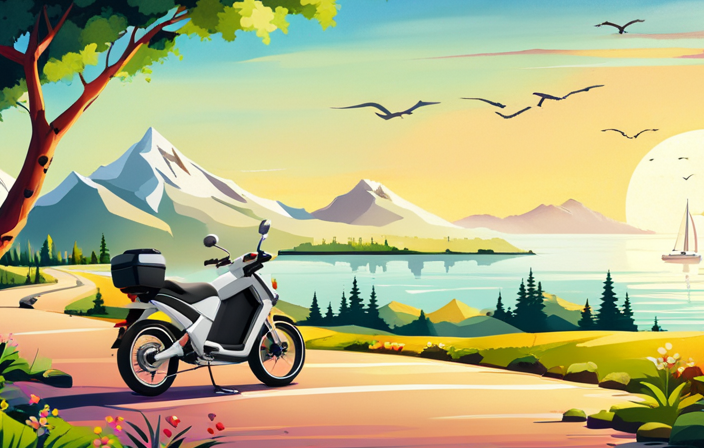 An image showcasing an electric bike cruising along a scenic coastal road, surrounded by lush greenery and mountains in the backdrop, highlighting its impressive range by depicting a long and winding path ahead