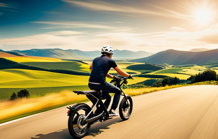An image capturing the awe-inspiring sight of an electric bike gliding effortlessly through a picturesque countryside, showcasing the bike's remarkable range as it cruises along for miles on a single charge