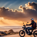 An image showcasing a rider on a 1000 W electric bike, effortlessly cruising through various terrains like winding mountain roads, bustling city streets, serene coastal paths, and dusty country trails, highlighting the limitless potential of distance