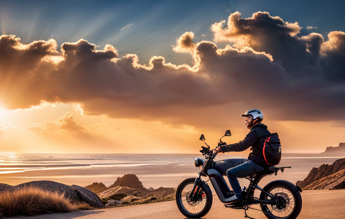 An image showcasing a rider on a 1000 W electric bike, effortlessly cruising through various terrains like winding mountain roads, bustling city streets, serene coastal paths, and dusty country trails, highlighting the limitless potential of distance