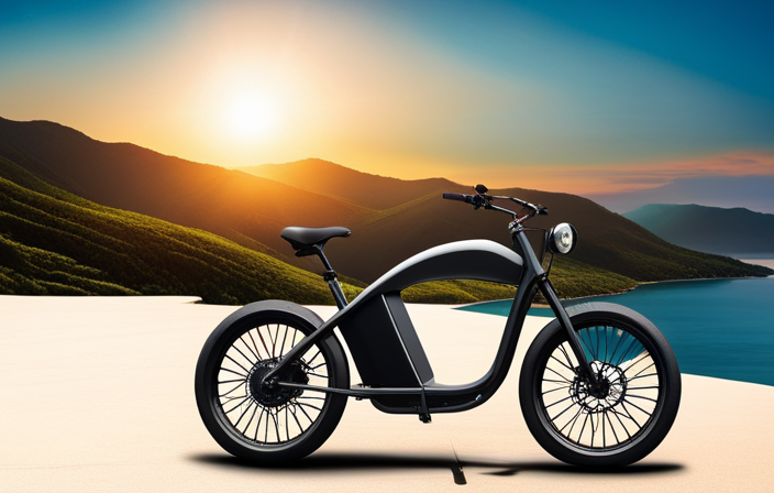 An image showcasing a semi-electric bike cruising along a picturesque coastal road, revealing its impressive mileage