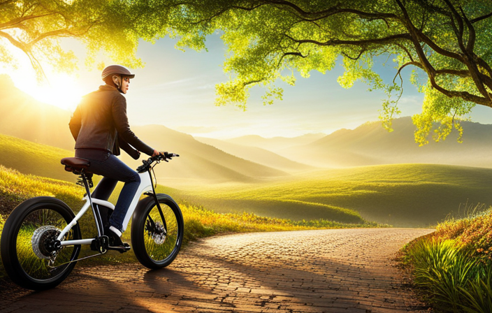 An image showcasing an electric bike effortlessly gliding through a picturesque forest trail bathed in golden sunlight, highlighting the bike's sleek design and emphasizing the impressive distance it covers per charge