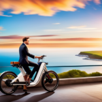An image showcasing a sleek electric bike gliding effortlessly along a scenic coastal road, surrounded by lush greenery and breathtaking ocean views, highlighting the bike's efficiency and eco-friendliness